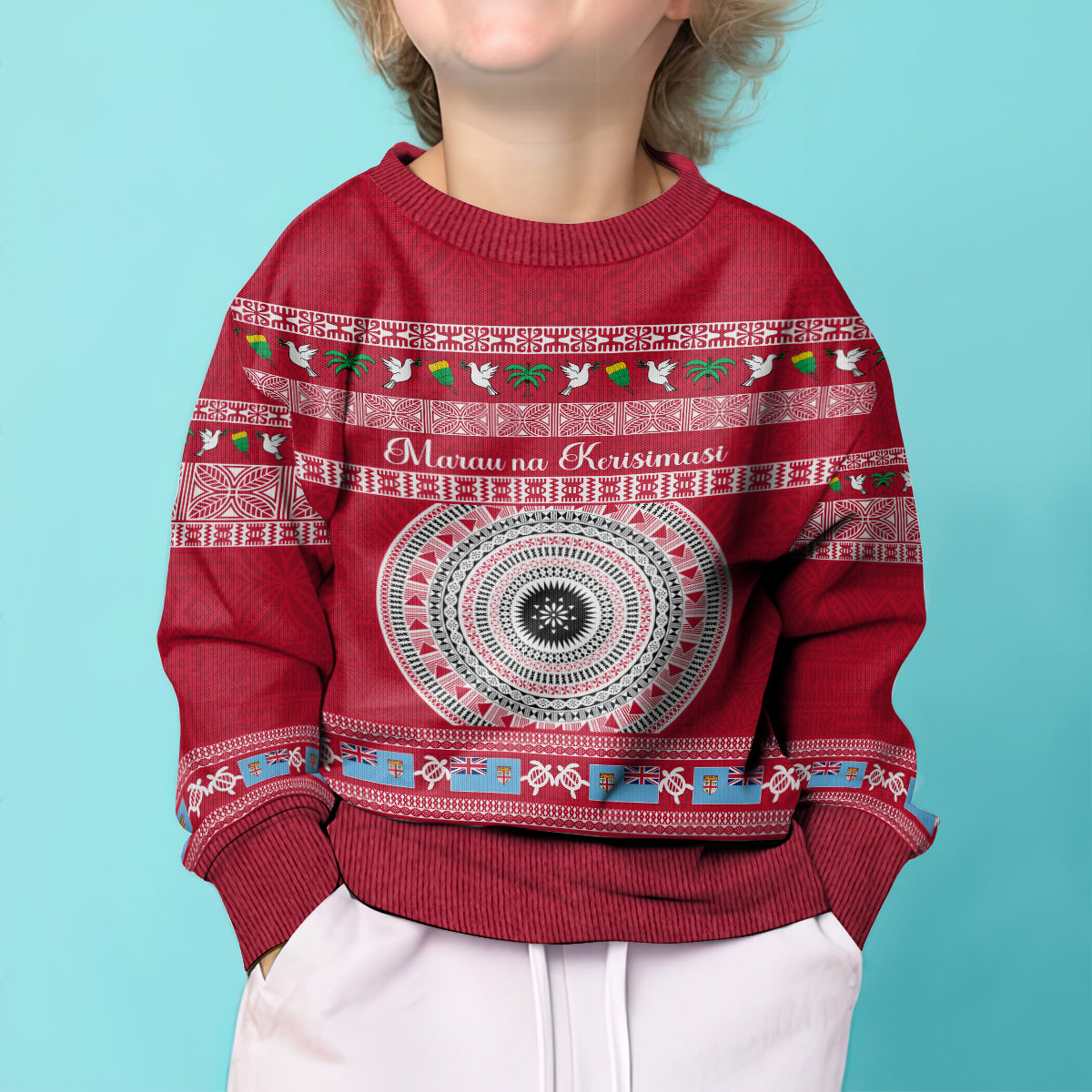 Personalised Fiji Marau Na Kerisimasi Kid Ugly Christmas Sweater Merry Christmas Tapa Pattern Red Style LT9 - Polynesian Pride
