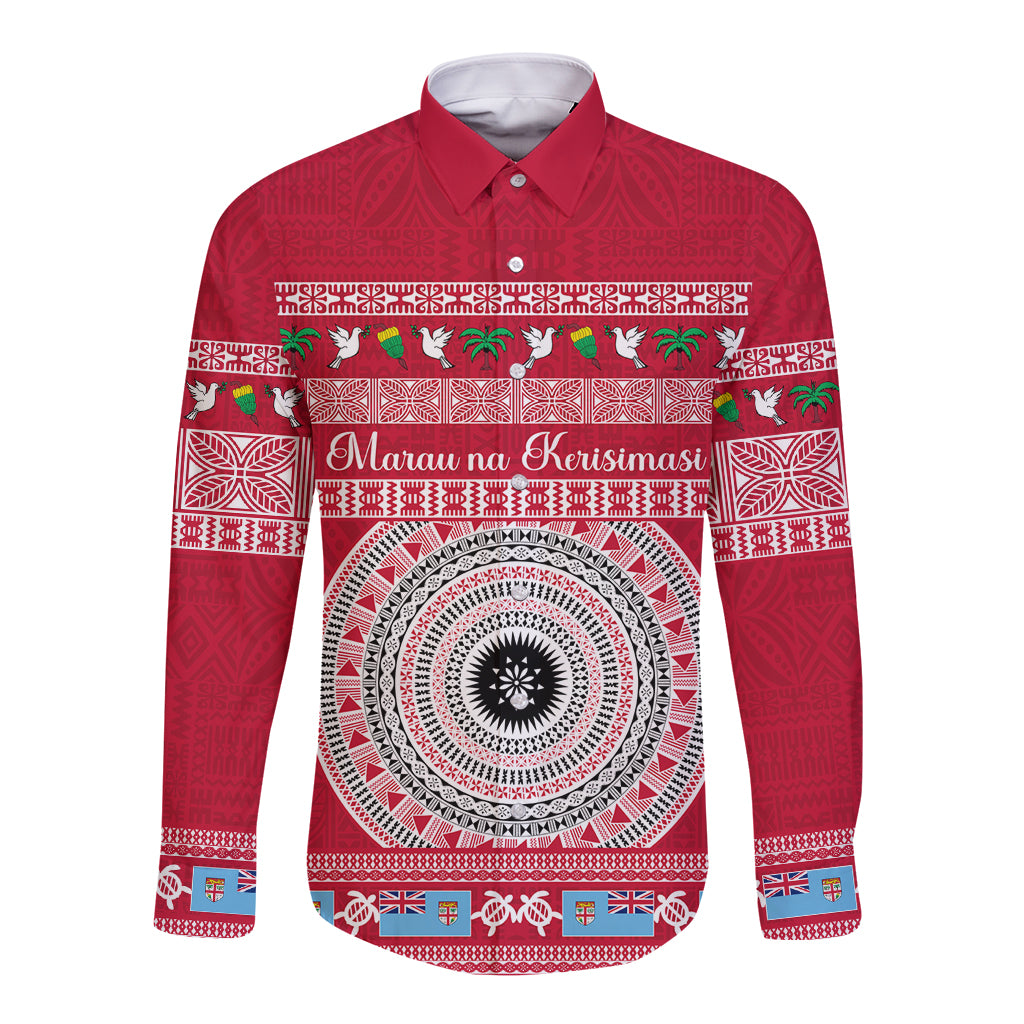 Personalised Fiji Marau Na Kerisimasi Long Sleeve Button Shirt Merry Christmas Tapa Pattern Red Style LT9 Unisex Red - Polynesian Pride