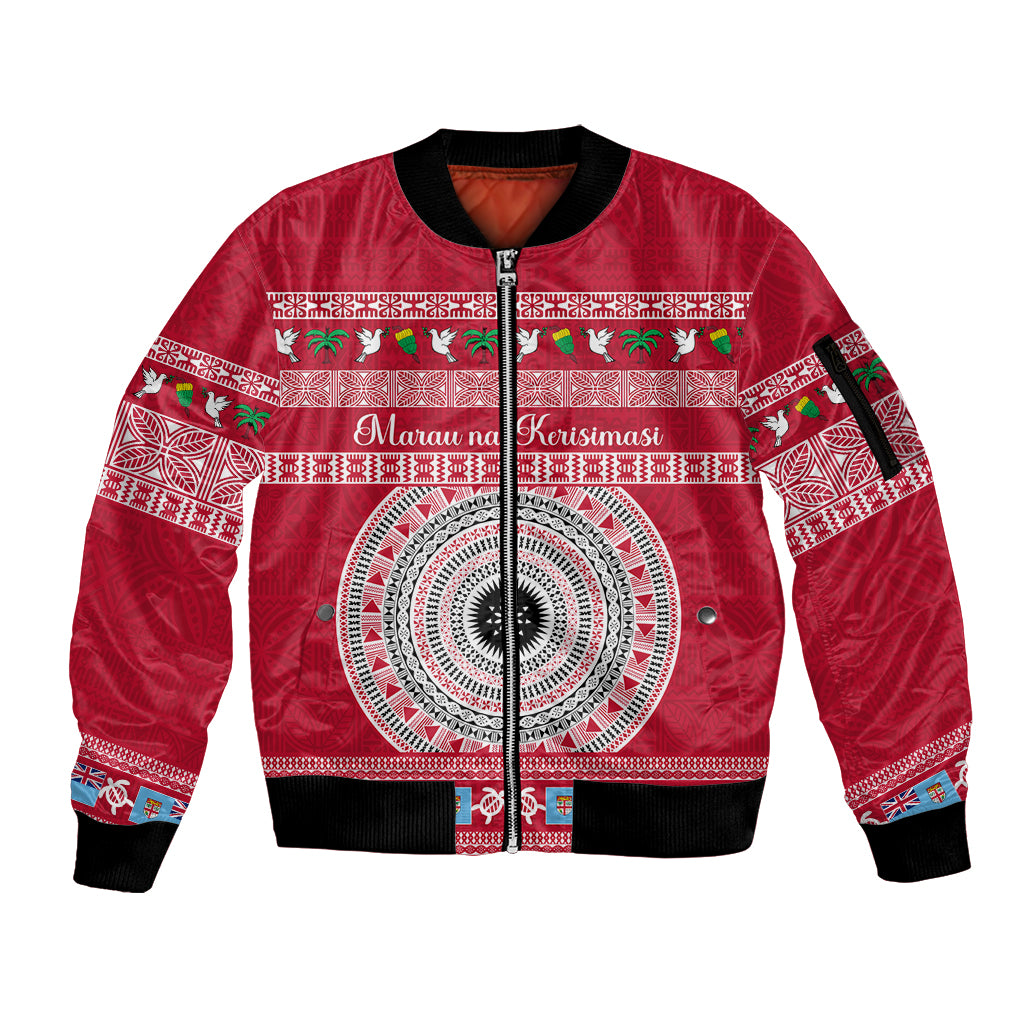Personalised Fiji Marau Na Kerisimasi Sleeve Zip Bomber Jacket Merry Christmas Tapa Pattern Red Style LT9 Unisex Red - Polynesian Pride