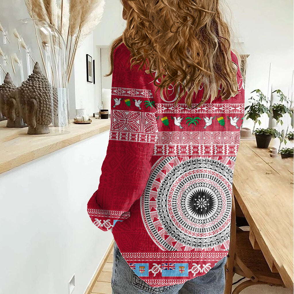 Personalised Fiji Marau Na Kerisimasi Women Casual Shirt Merry Christmas Tapa Pattern Red Style LT9 - Polynesian Pride