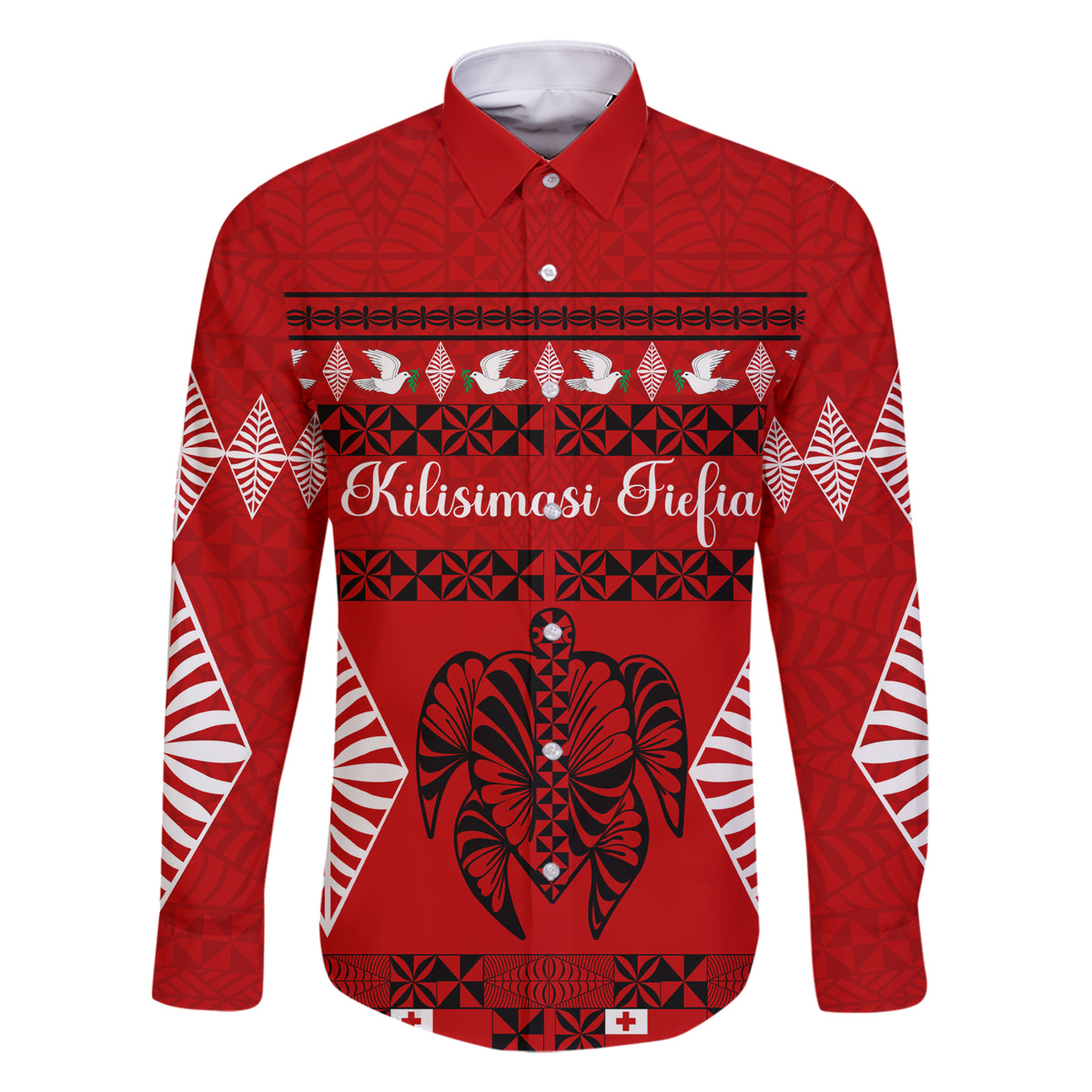 Personalised Tonga Kilisimasi Fiefia Family Matching Short Sleeve Bodycon Dress and Hawaiian Shirt Merry Christmas with Turtle Ngatu Pattern LT9 Dad's Shirt - Long Sleeve Red - Polynesian Pride