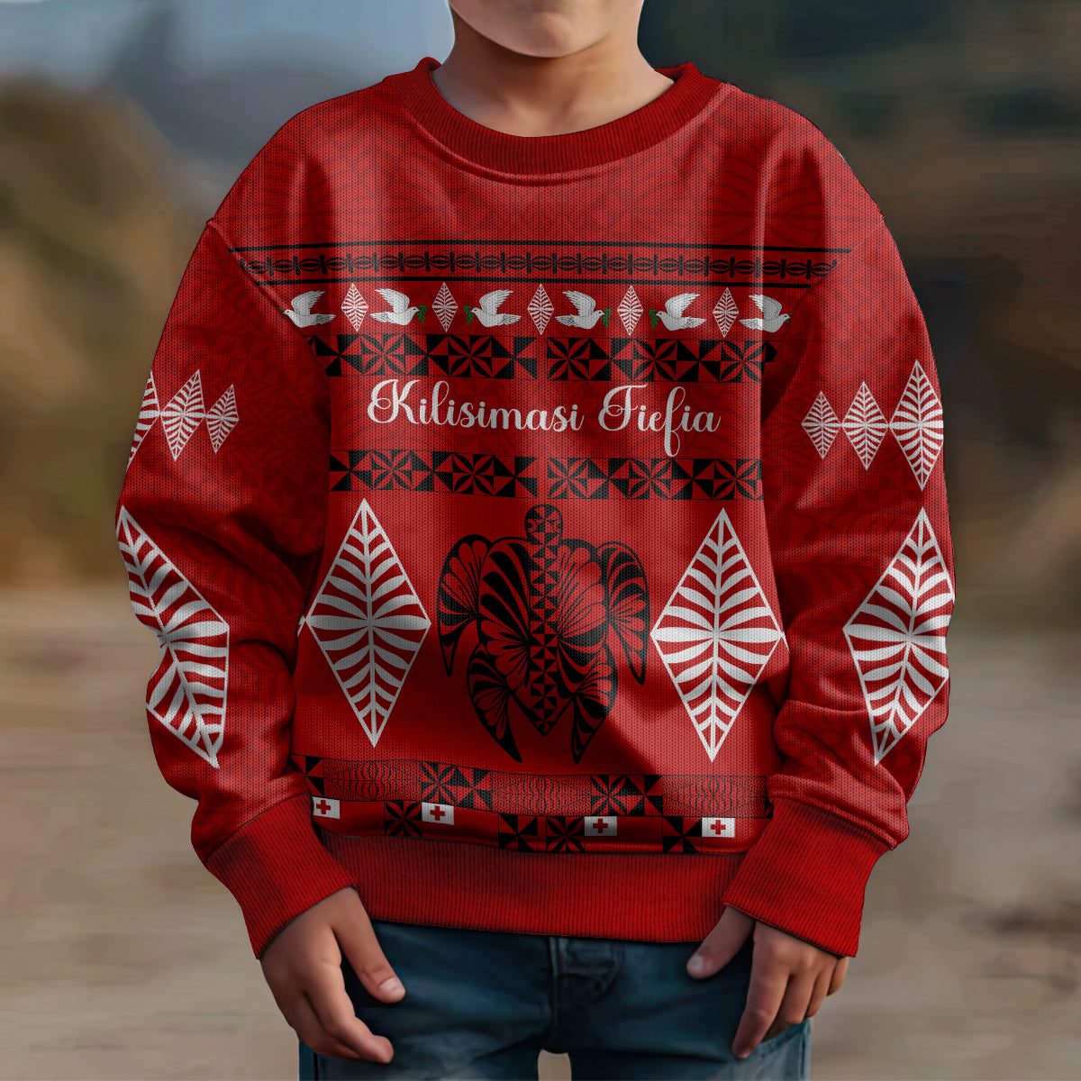 Personalised Tonga Kilisimasi Fiefia Kid Ugly Christmas Sweater Merry Christmas with Turtle Ngatu Pattern LT9 - Polynesian Pride