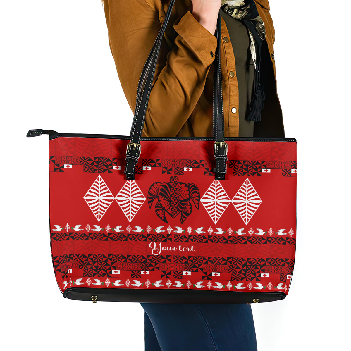 Personalised Tonga Kilisimasi Fiefia Leather Tote Bag Merry Christmas with Turtle Ngatu Pattern LT9 - Polynesian Pride
