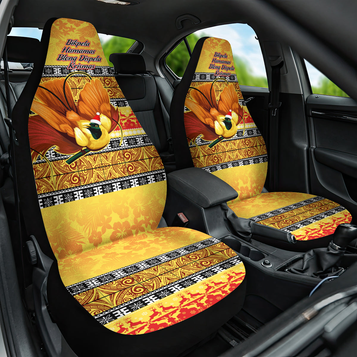 PNG Hamamas Krismas Car Seat Cover Papua New Guinea Bird Of Paradise Merry Christmas Gold Style LT9 One Size Gold - Polynesian Pride