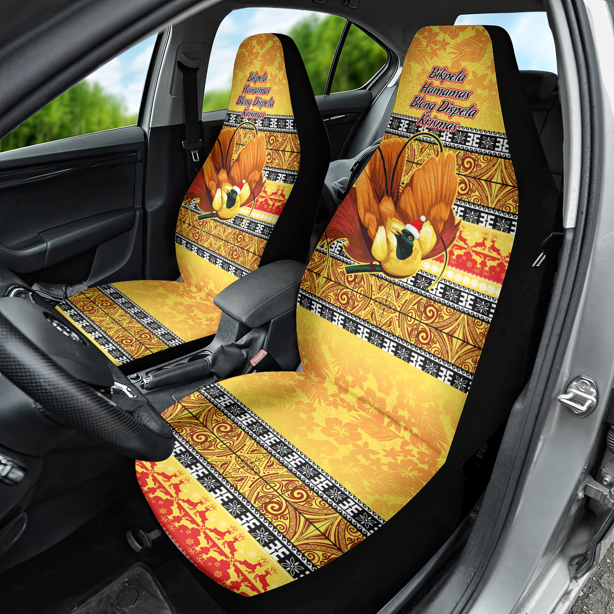 PNG Hamamas Krismas Car Seat Cover Papua New Guinea Bird Of Paradise Merry Christmas Gold Style LT9 - Polynesian Pride