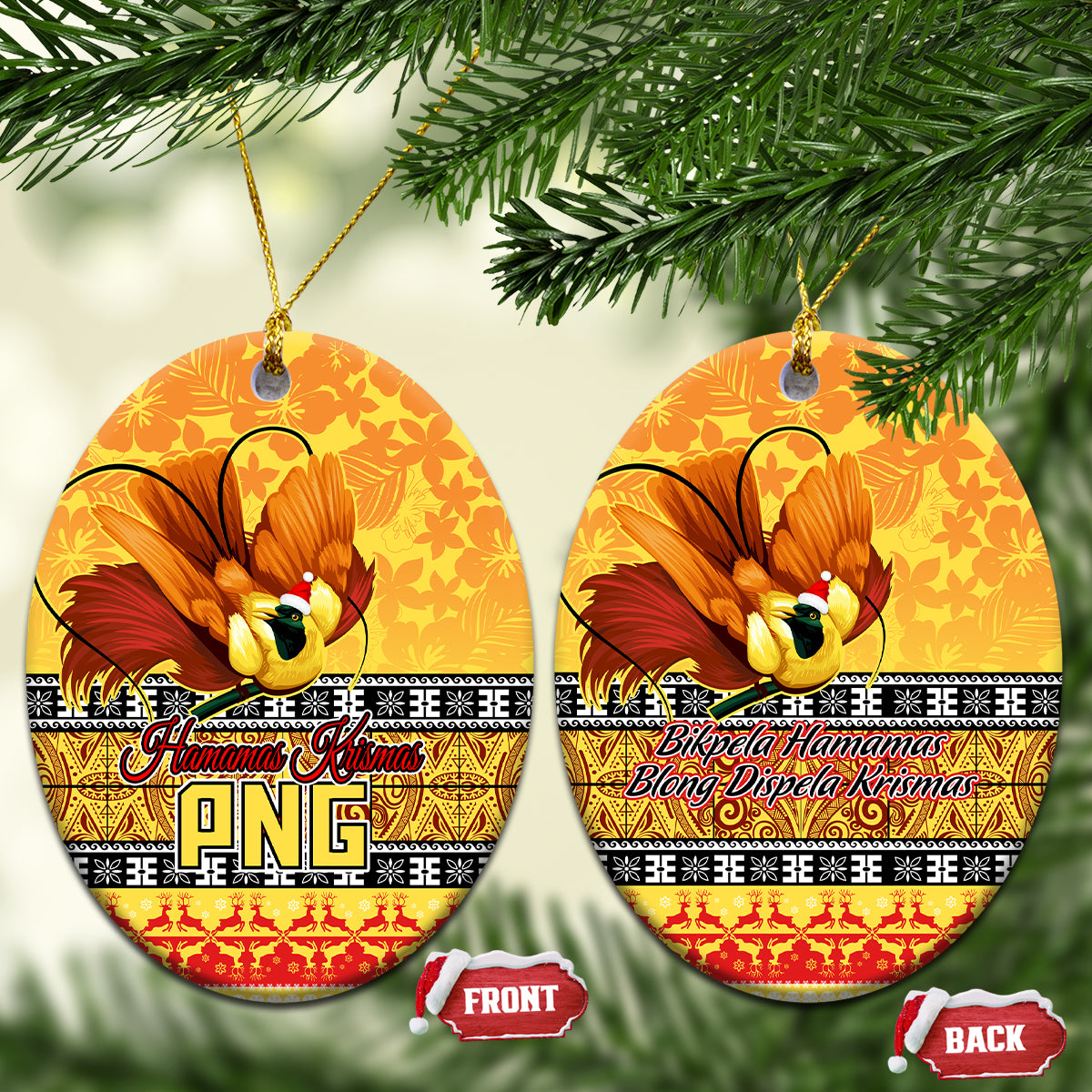 PNG Hamamas Krismas Ceramic Ornament Papua New Guinea Bird Of Paradise Merry Christmas Gold Style LT9 Oval Gold - Polynesian Pride
