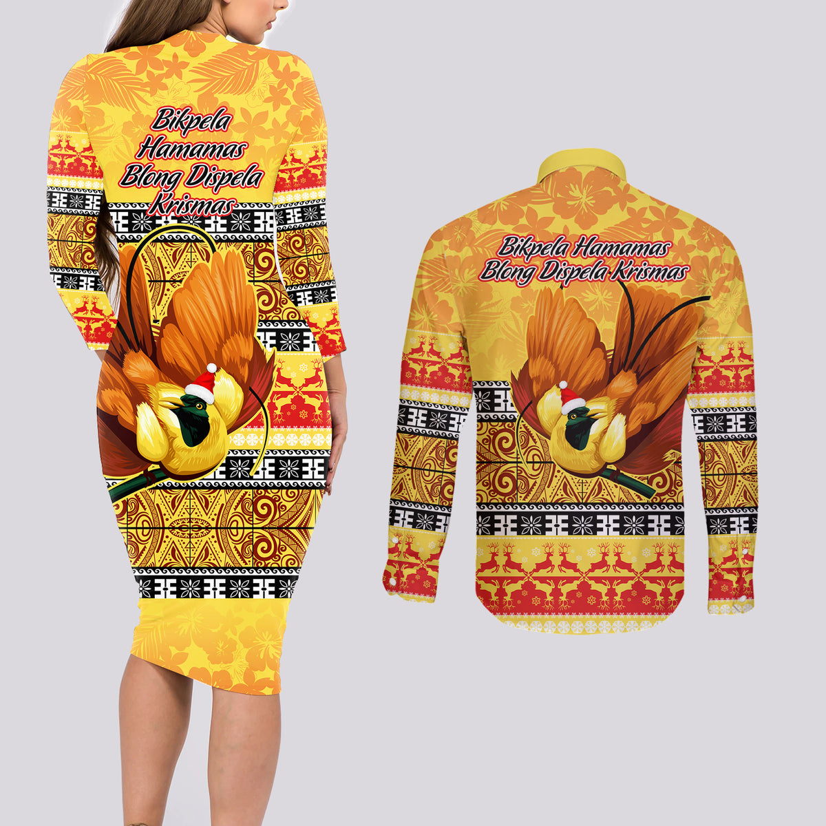PNG Hamamas Krismas Couples Matching Long Sleeve Bodycon Dress and Long Sleeve Button Shirt Papua New Guinea Bird Of Paradise Merry Christmas Gold Style LT9 - Polynesian Pride