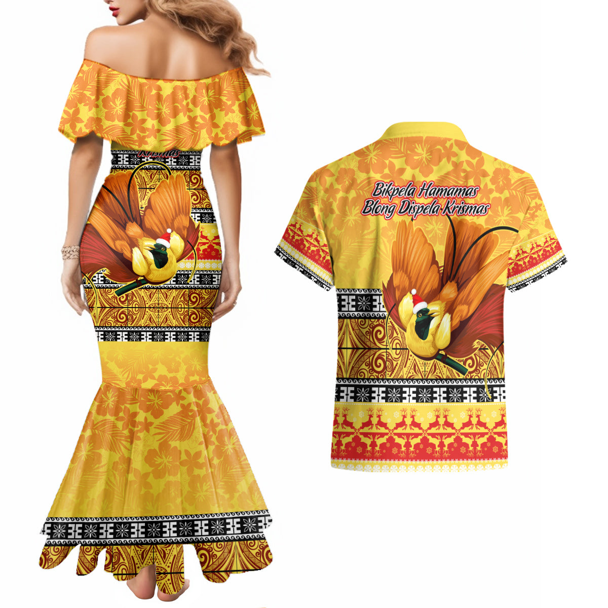 PNG Hamamas Krismas Couples Matching Mermaid Dress and Hawaiian Shirt Papua New Guinea Bird Of Paradise Merry Christmas Gold Style LT9 - Polynesian Pride