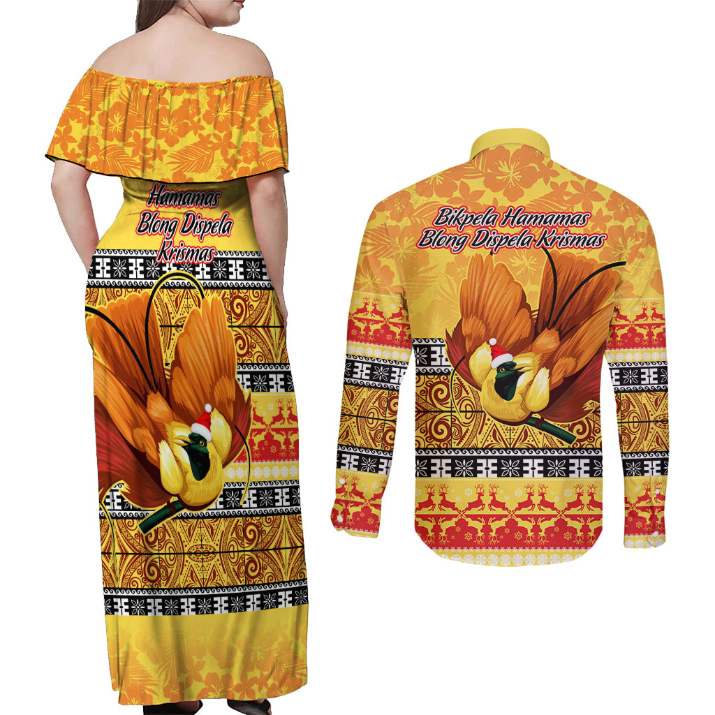 PNG Hamamas Krismas Couples Matching Off Shoulder Maxi Dress and Long Sleeve Button Shirt Papua New Guinea Bird Of Paradise Merry Christmas Gold Style LT9 - Polynesian Pride