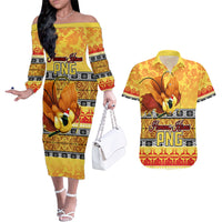 PNG Hamamas Krismas Couples Matching Off The Shoulder Long Sleeve Dress and Hawaiian Shirt Papua New Guinea Bird Of Paradise Merry Christmas Gold Style LT9 Gold - Polynesian Pride