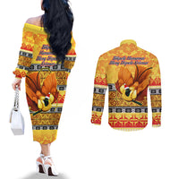 PNG Hamamas Krismas Couples Matching Off The Shoulder Long Sleeve Dress and Long Sleeve Button Shirt Papua New Guinea Bird Of Paradise Merry Christmas Gold Style LT9 - Polynesian Pride