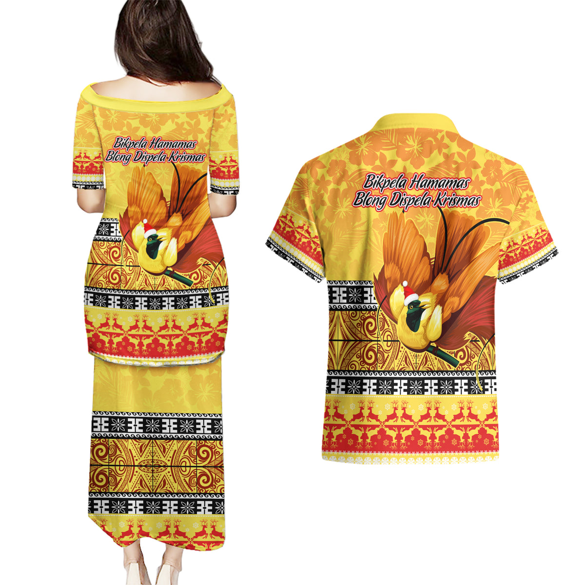 PNG Hamamas Krismas Couples Matching Puletasi Dress and Hawaiian Shirt Papua New Guinea Bird Of Paradise Merry Christmas Gold Style LT9 - Polynesian Pride