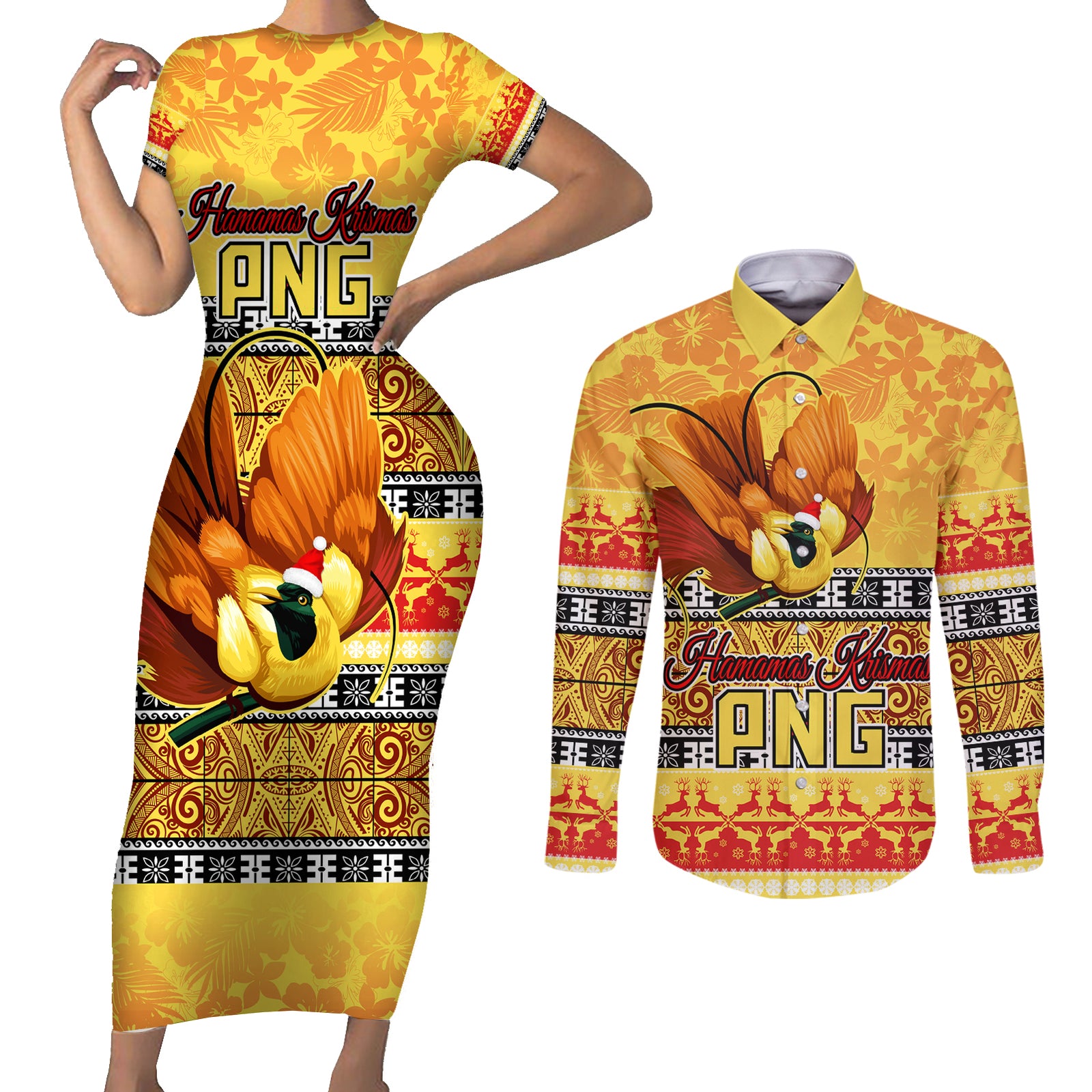 PNG Hamamas Krismas Couples Matching Short Sleeve Bodycon Dress and Long Sleeve Button Shirt Papua New Guinea Bird Of Paradise Merry Christmas Gold Style LT9 Gold - Polynesian Pride
