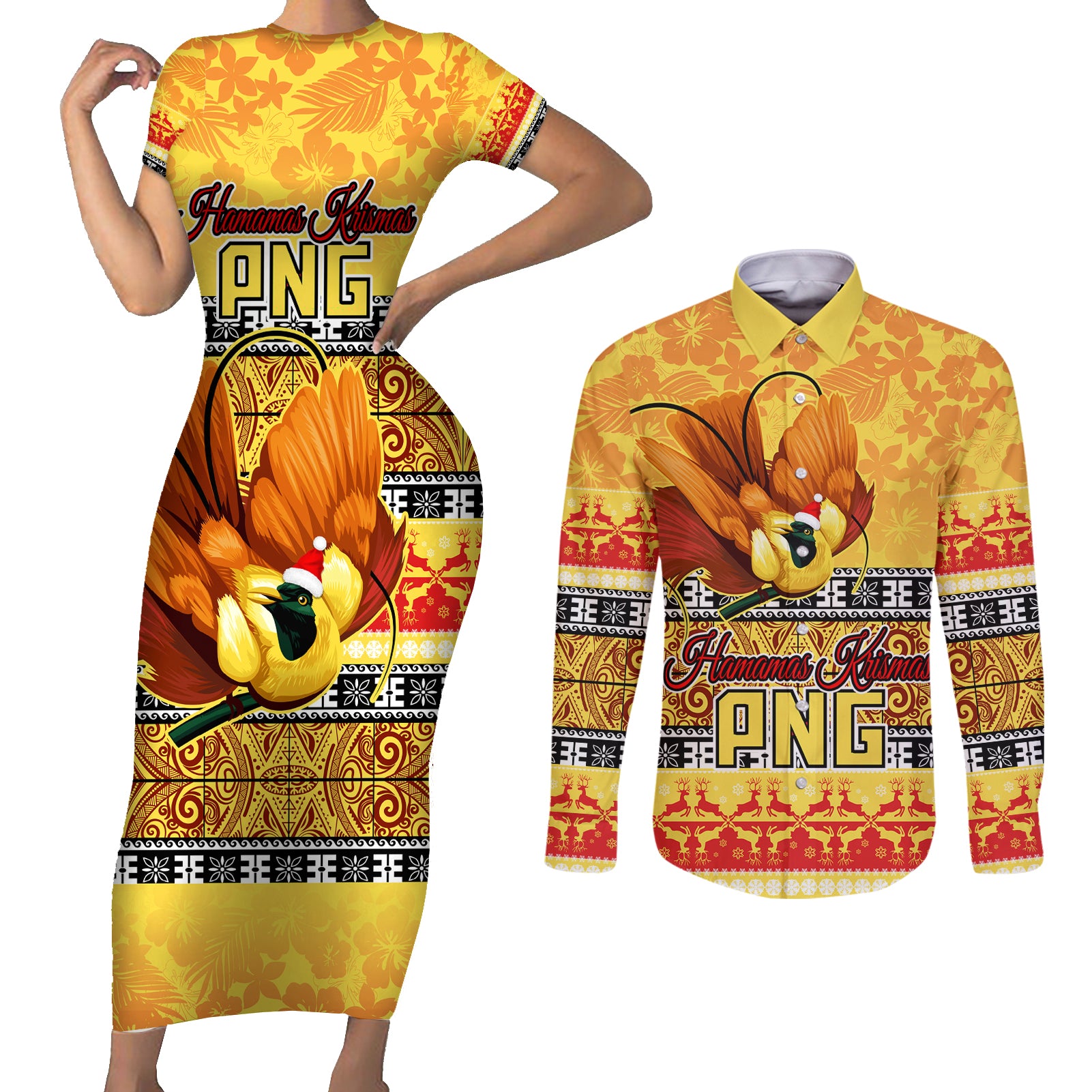 PNG Hamamas Krismas Couples Matching Short Sleeve Bodycon Dress and Long Sleeve Button Shirt Papua New Guinea Bird Of Paradise Merry Christmas Gold Style LT9 Gold - Polynesian Pride