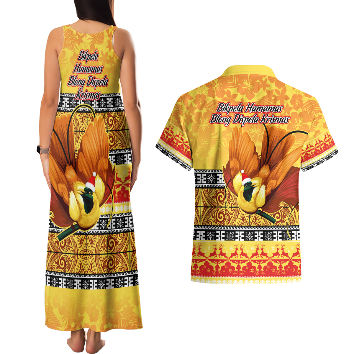PNG Hamamas Krismas Couples Matching Tank Maxi Dress and Hawaiian Shirt Papua New Guinea Bird Of Paradise Merry Christmas Gold Style LT9 - Polynesian Pride
