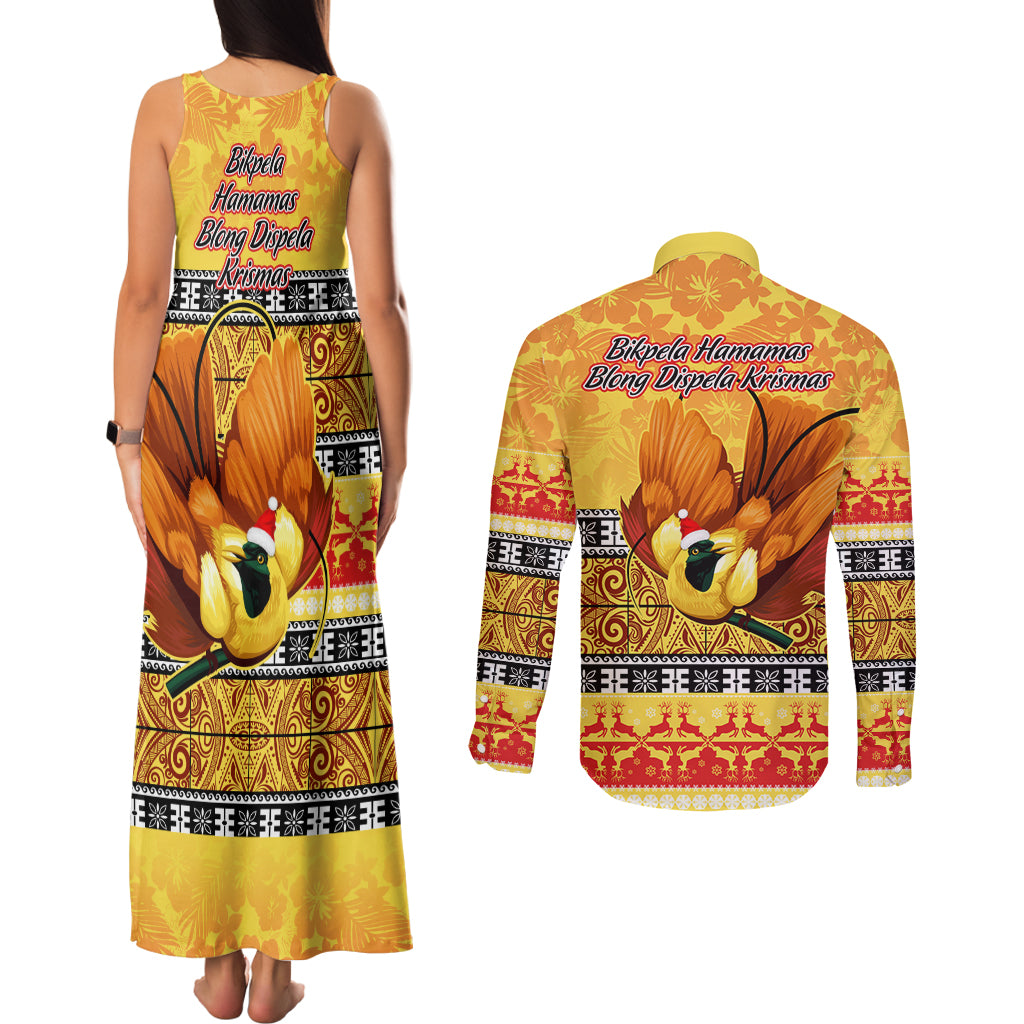 PNG Hamamas Krismas Couples Matching Tank Maxi Dress and Long Sleeve Button Shirt Papua New Guinea Bird Of Paradise Merry Christmas Gold Style LT9 - Polynesian Pride