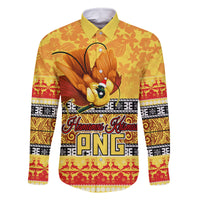 PNG Hamamas Krismas Family Matching Off Shoulder Long Sleeve Dress and Hawaiian Shirt Papua New Guinea Bird Of Paradise Merry Christmas Gold Style LT9 Dad's Shirt - Long Sleeve Gold - Polynesian Pride