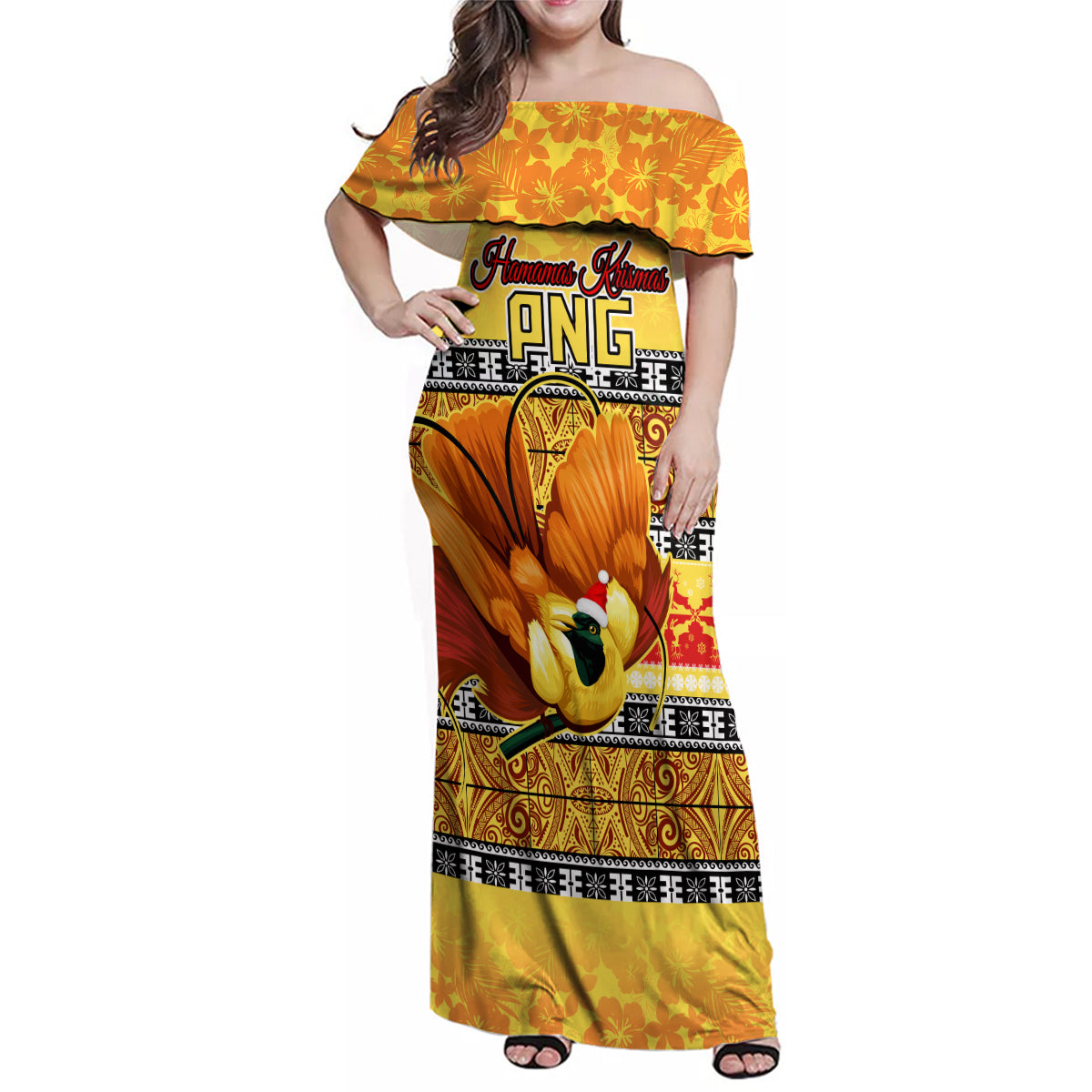 PNG Hamamas Krismas Family Matching Off Shoulder Maxi Dress and Hawaiian Shirt Papua New Guinea Bird Of Paradise Merry Christmas Gold Style LT9 Mom's Dress Gold - Polynesian Pride