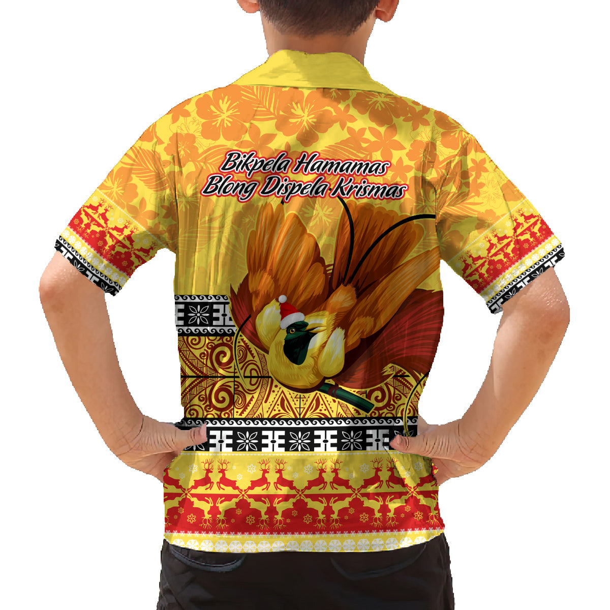 PNG Hamamas Krismas Family Matching Off Shoulder Short Dress and Hawaiian Shirt Papua New Guinea Bird Of Paradise Merry Christmas Gold Style LT9 - Polynesian Pride