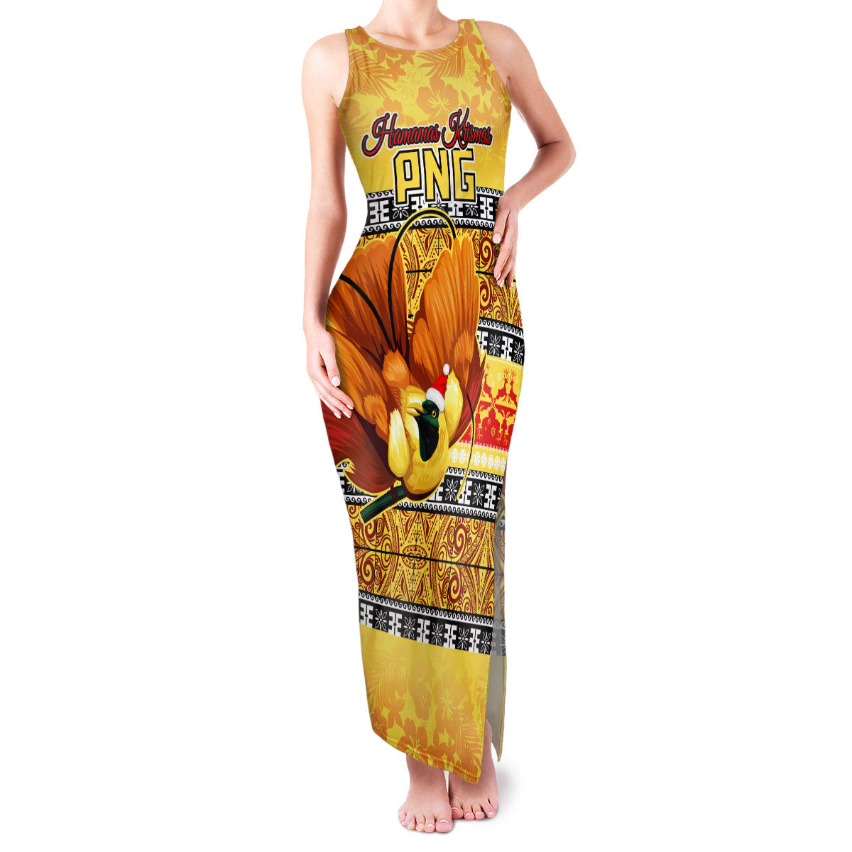PNG Hamamas Krismas Family Matching Tank Maxi Dress and Hawaiian Shirt Papua New Guinea Bird Of Paradise Merry Christmas Gold Style LT9 Mom's Dress Gold - Polynesian Pride