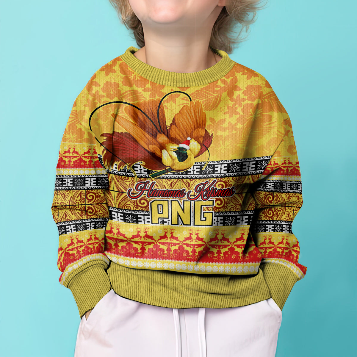 PNG Hamamas Krismas Kid Ugly Christmas Sweater Papua New Guinea Bird Of Paradise Merry Christmas Gold Style LT9 - Polynesian Pride
