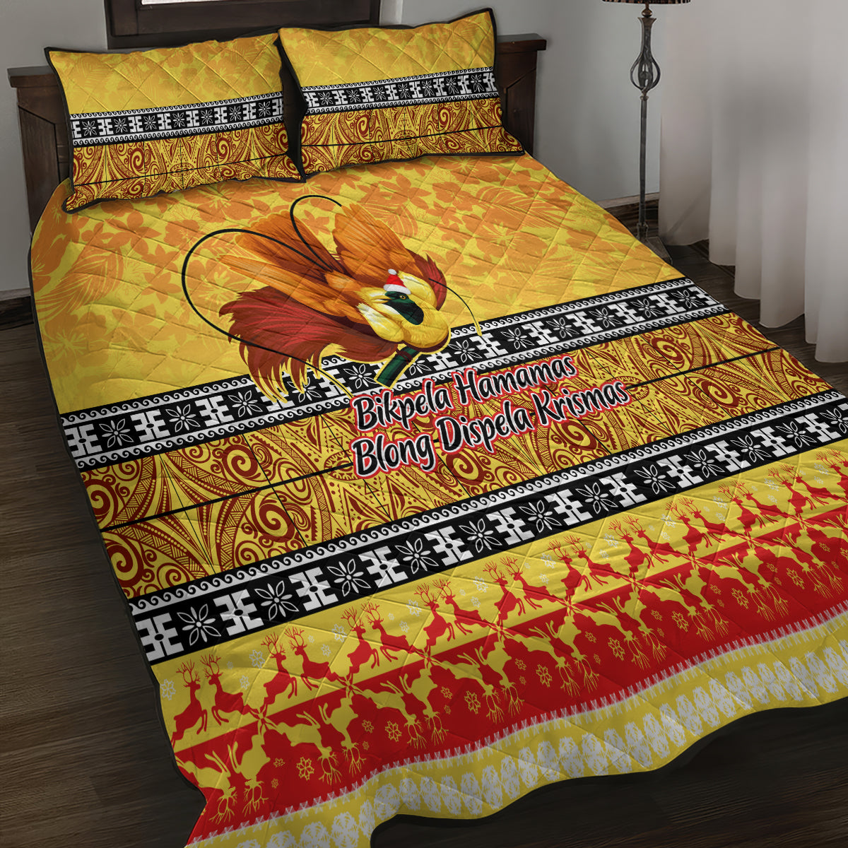 PNG Hamamas Krismas Quilt Bed Set Papua New Guinea Bird Of Paradise Merry Christmas Gold Style LT9 - Polynesian Pride