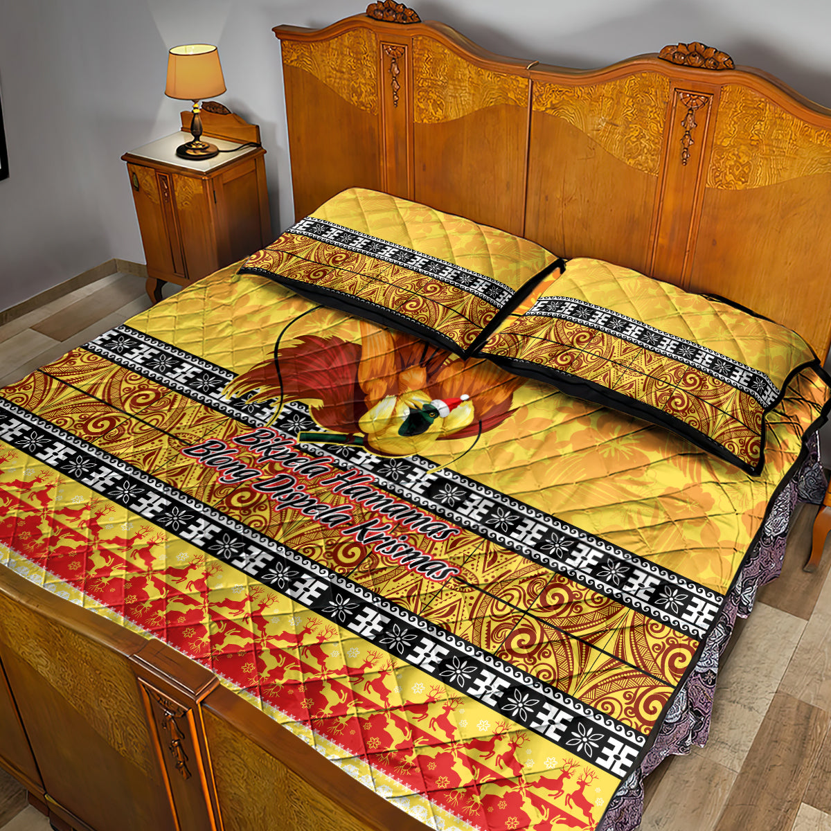 PNG Hamamas Krismas Quilt Bed Set Papua New Guinea Bird Of Paradise Merry Christmas Gold Style LT9 - Polynesian Pride