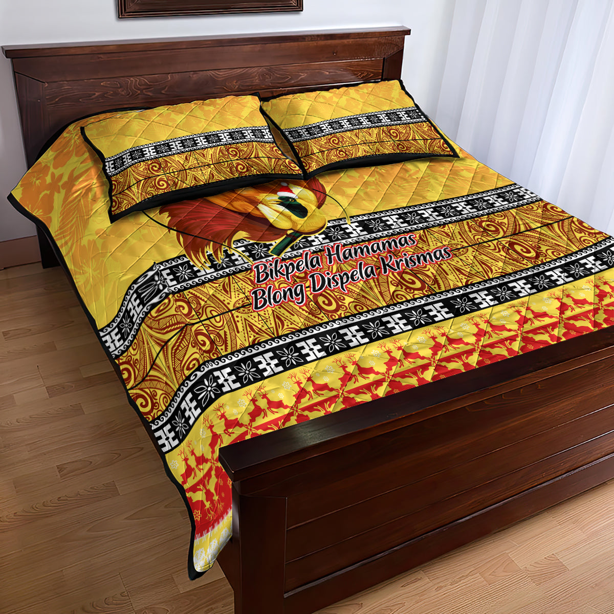 PNG Hamamas Krismas Quilt Bed Set Papua New Guinea Bird Of Paradise Merry Christmas Gold Style LT9 - Polynesian Pride