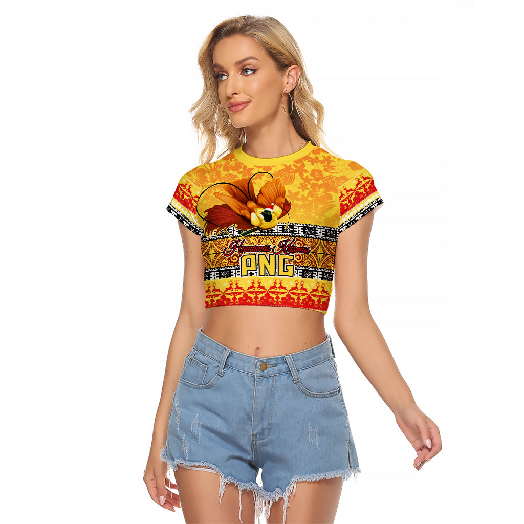 PNG Hamamas Krismas Raglan Cropped T Shirt Papua New Guinea Bird Of Paradise Merry Christmas Gold Style LT9 Female Gold - Polynesian Pride