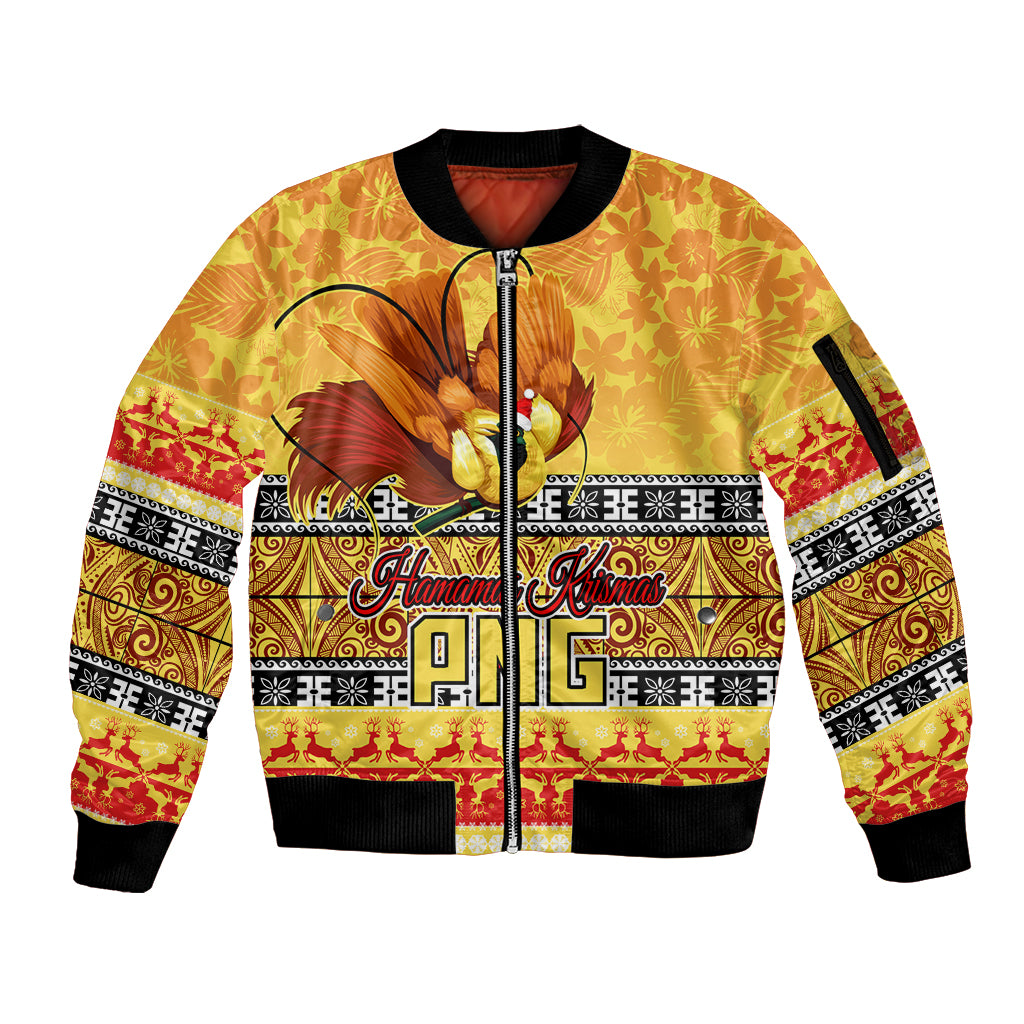 PNG Hamamas Krismas Sleeve Zip Bomber Jacket Papua New Guinea Bird Of Paradise Merry Christmas Gold Style LT9 Unisex Gold - Polynesian Pride