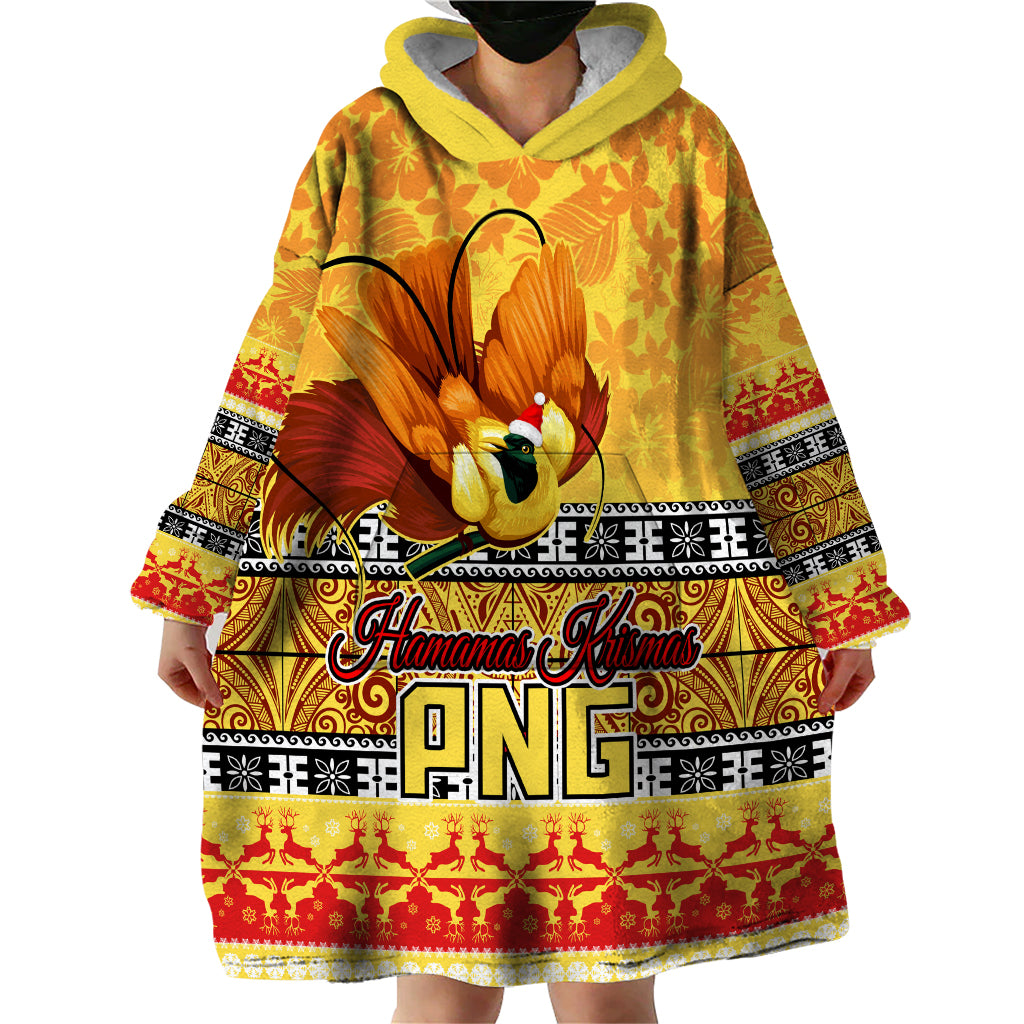 PNG Hamamas Krismas Wearable Blanket Hoodie Papua New Guinea Bird Of Paradise Merry Christmas Gold Style LT9 - Polynesian Pride