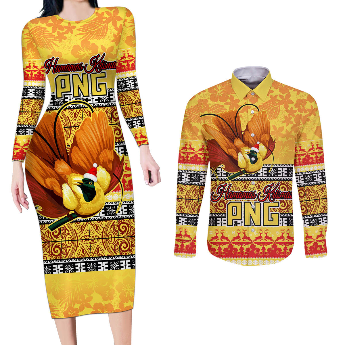 Personalised PNG Hamamas Krismas Couples Matching Long Sleeve Bodycon Dress and Long Sleeve Button Shirt Papua New Guinea Bird Of Paradise Merry Christmas Gold Style LT9 Gold - Polynesian Pride