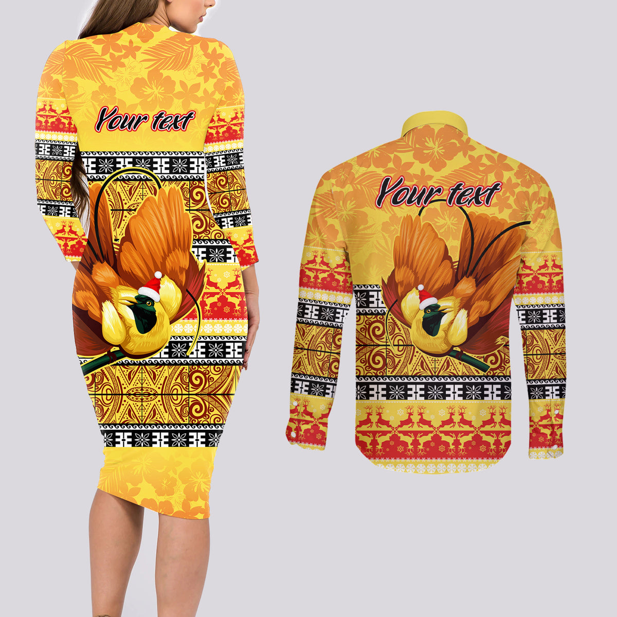 Personalised PNG Hamamas Krismas Couples Matching Long Sleeve Bodycon Dress and Long Sleeve Button Shirt Papua New Guinea Bird Of Paradise Merry Christmas Gold Style LT9 - Polynesian Pride