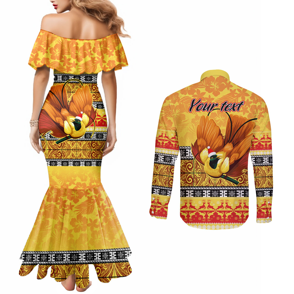 Personalised PNG Hamamas Krismas Couples Matching Mermaid Dress and Long Sleeve Button Shirt Papua New Guinea Bird Of Paradise Merry Christmas Gold Style LT9 - Polynesian Pride