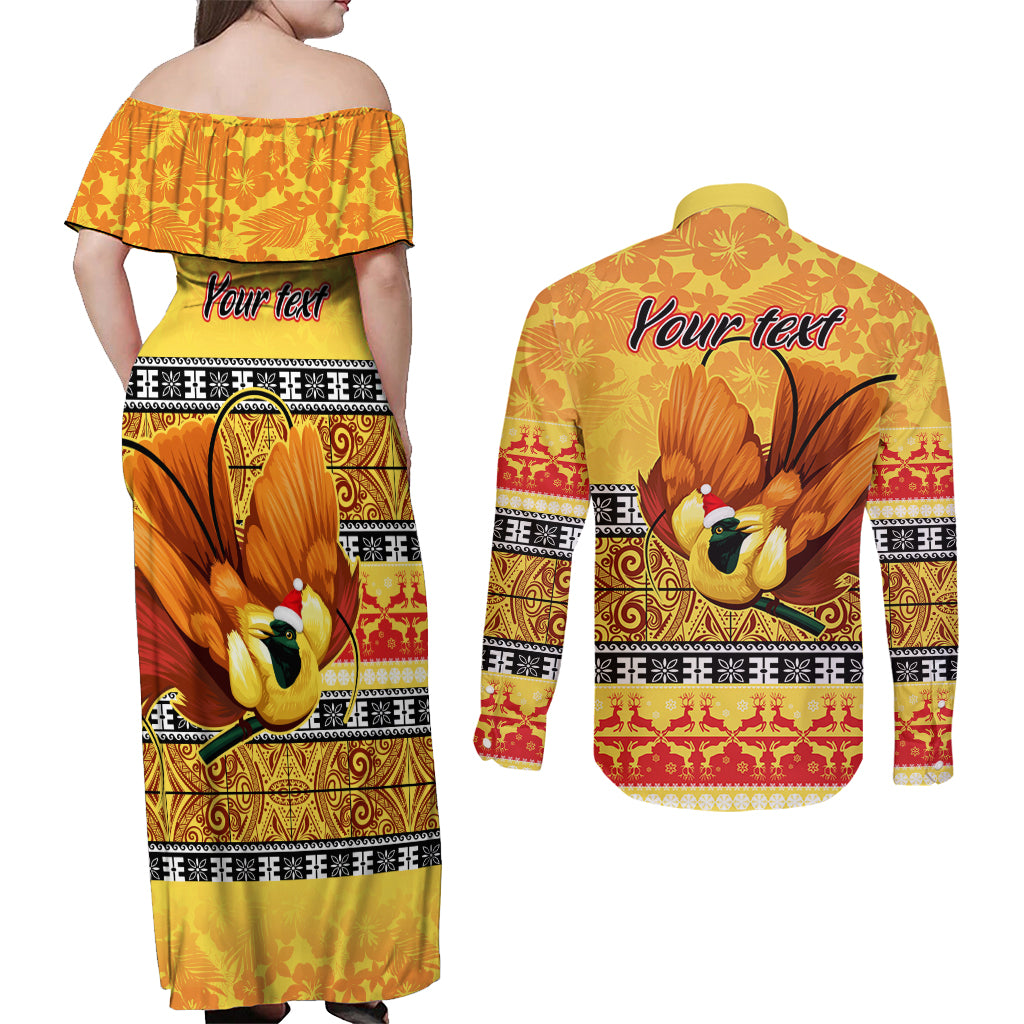 Personalised PNG Hamamas Krismas Couples Matching Off Shoulder Maxi Dress and Long Sleeve Button Shirt Papua New Guinea Bird Of Paradise Merry Christmas Gold Style LT9 - Polynesian Pride