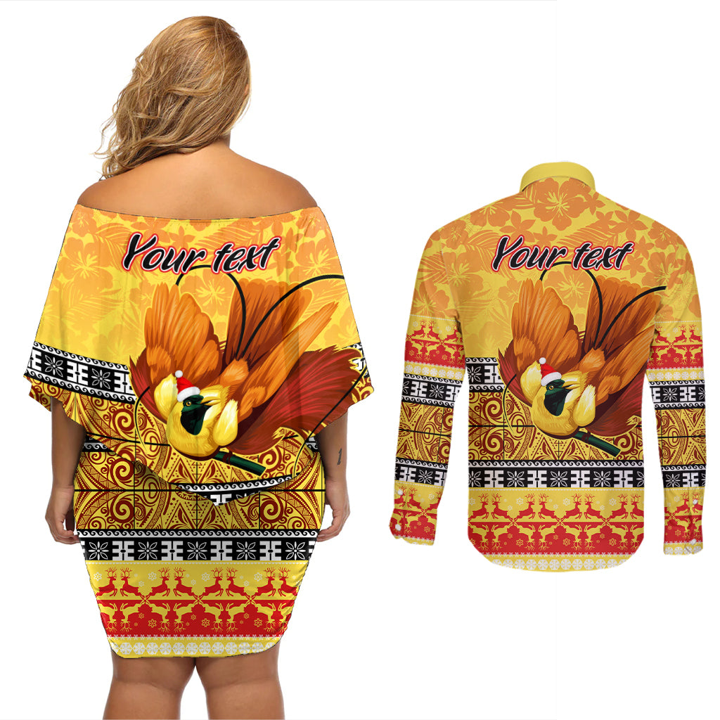 Personalised PNG Hamamas Krismas Couples Matching Off Shoulder Short Dress and Long Sleeve Button Shirt Papua New Guinea Bird Of Paradise Merry Christmas Gold Style LT9 - Polynesian Pride