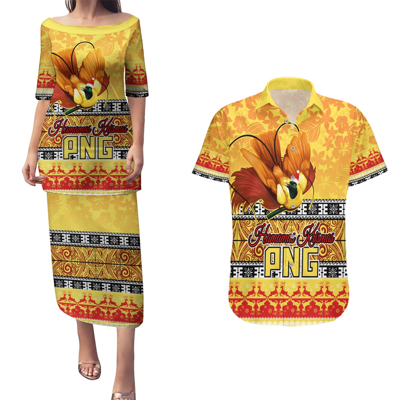 Personalised PNG Hamamas Krismas Couples Matching Puletasi Dress and Hawaiian Shirt Papua New Guinea Bird Of Paradise Merry Christmas Gold Style LT9 Gold - Polynesian Pride