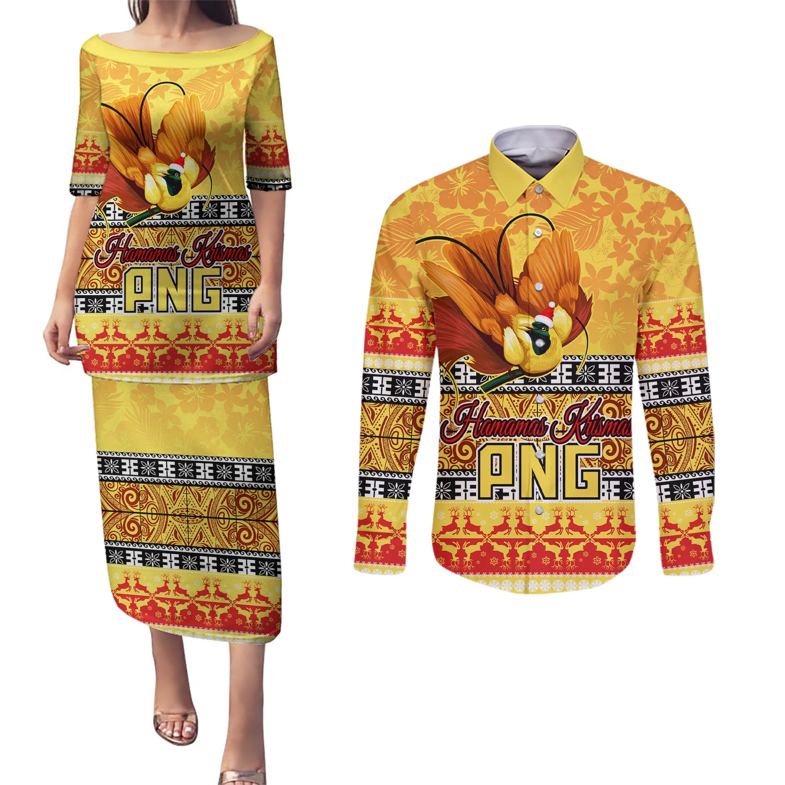 Personalised PNG Hamamas Krismas Couples Matching Puletasi Dress and Long Sleeve Button Shirt Papua New Guinea Bird Of Paradise Merry Christmas Gold Style LT9 Gold - Polynesian Pride