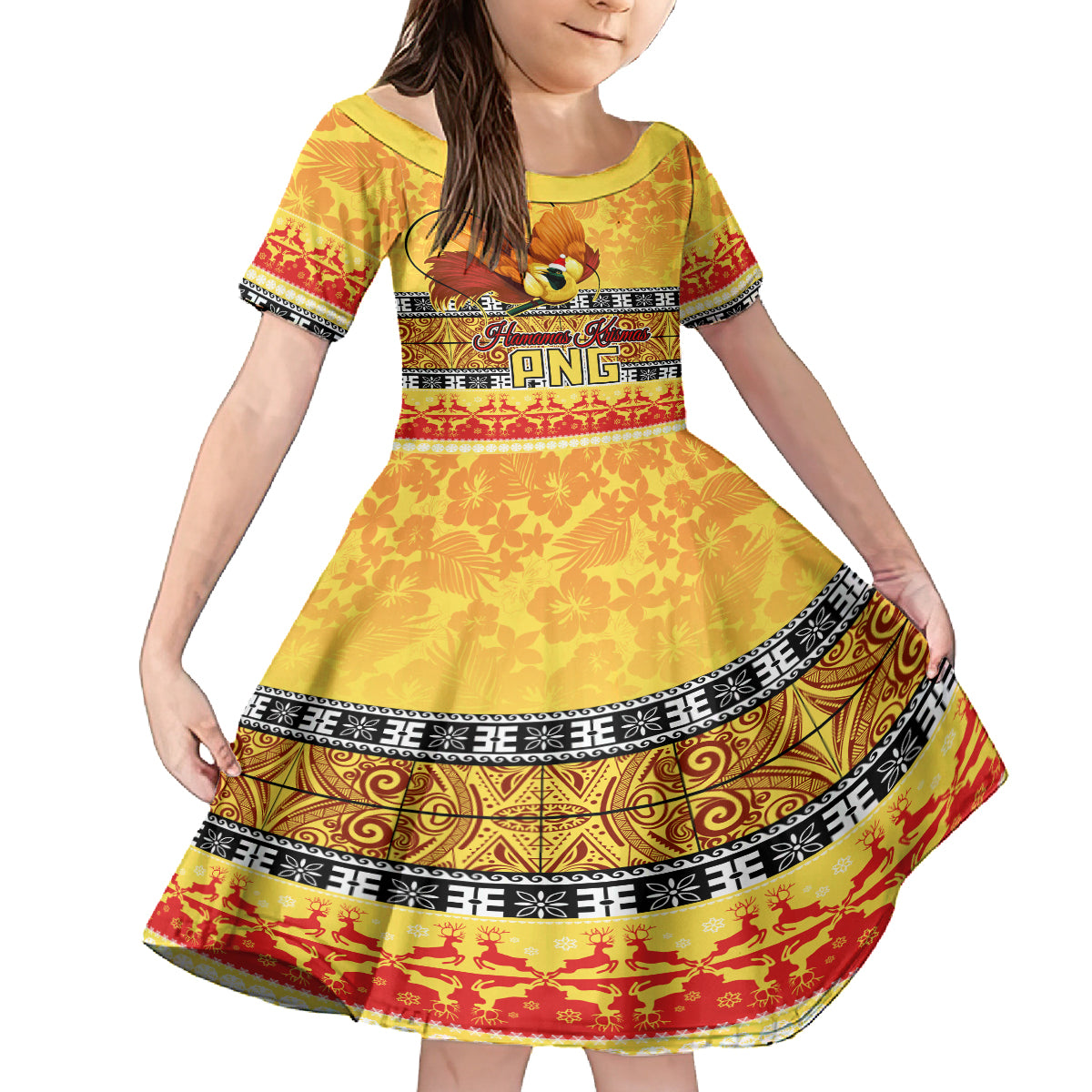 Personalised PNG Hamamas Krismas Family Matching Tank Maxi Dress and Hawaiian Shirt Papua New Guinea Bird Of Paradise Merry Christmas Gold Style LT9 Daughter's Dress Gold - Polynesian Pride