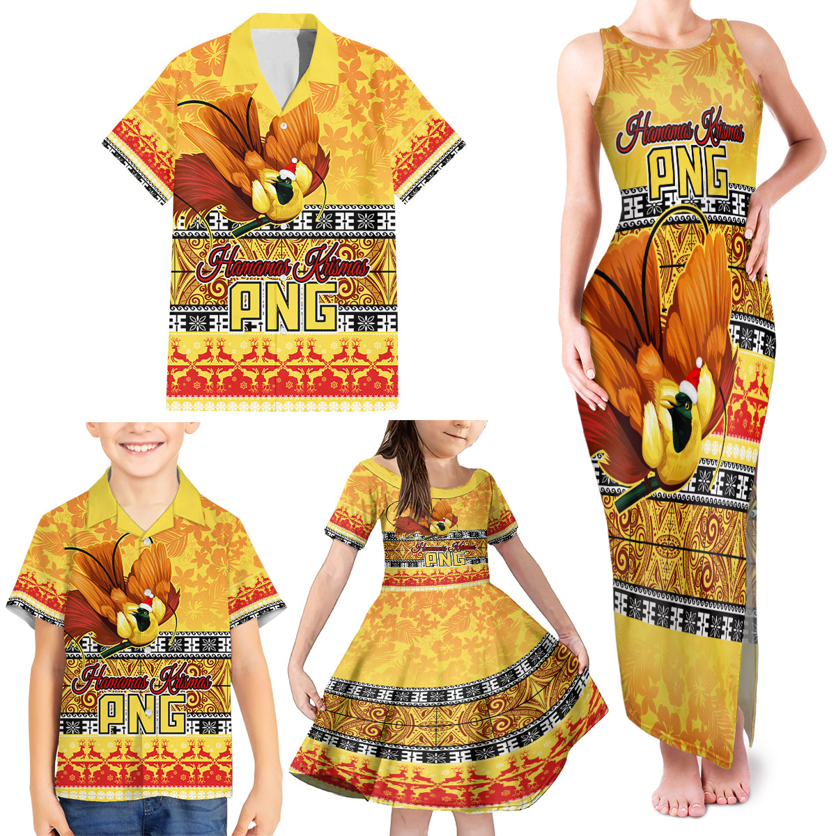 Personalised PNG Hamamas Krismas Family Matching Tank Maxi Dress and Hawaiian Shirt Papua New Guinea Bird Of Paradise Merry Christmas Gold Style LT9 - Polynesian Pride
