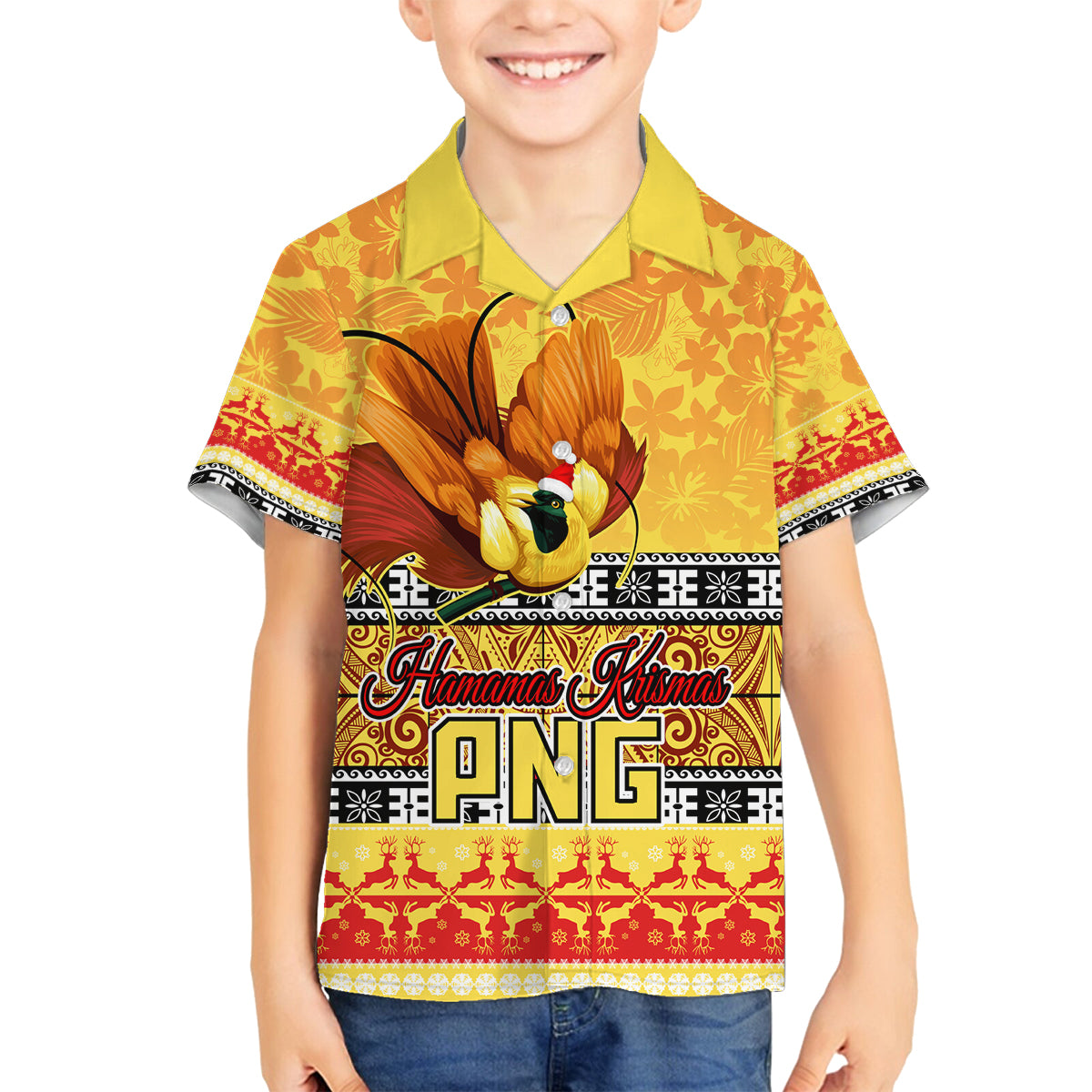 Personalised PNG Hamamas Krismas Family Matching Tank Maxi Dress and Hawaiian Shirt Papua New Guinea Bird Of Paradise Merry Christmas Gold Style LT9 Son's Shirt Gold - Polynesian Pride