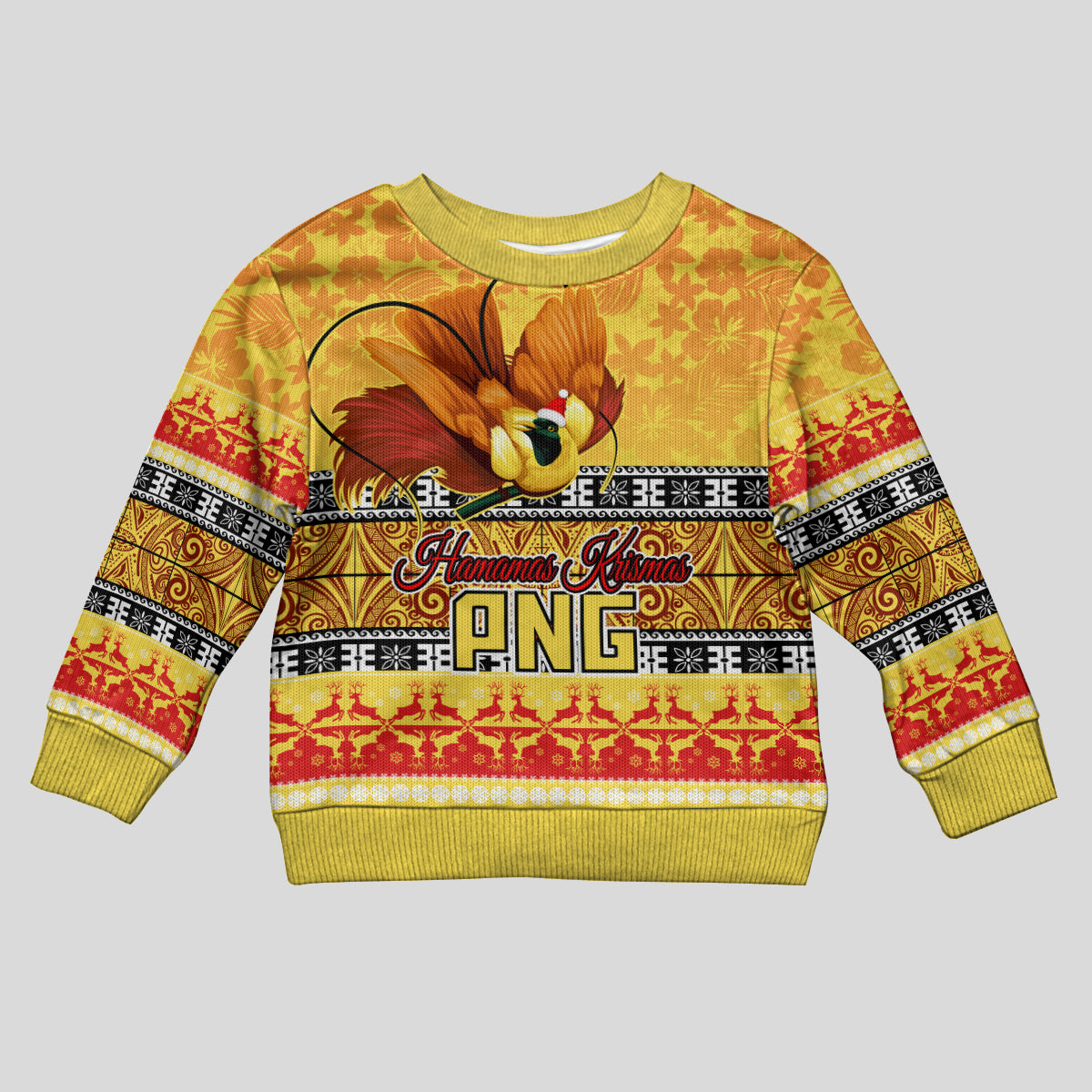 Personalised PNG Hamamas Krismas Kid Ugly Christmas Sweater Papua New Guinea Bird Of Paradise Merry Christmas Gold Style LT9 Kid Gold - Polynesian Pride