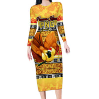 Personalised PNG Hamamas Krismas Long Sleeve Bodycon Dress Papua New Guinea Bird Of Paradise Merry Christmas Gold Style LT9 Long Dress Gold - Polynesian Pride