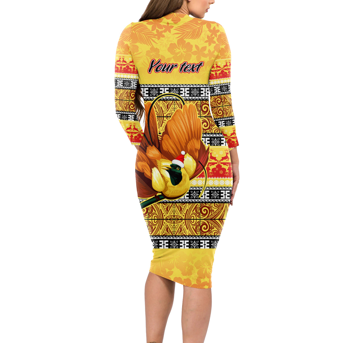 Personalised PNG Hamamas Krismas Long Sleeve Bodycon Dress Papua New Guinea Bird Of Paradise Merry Christmas Gold Style LT9 - Polynesian Pride