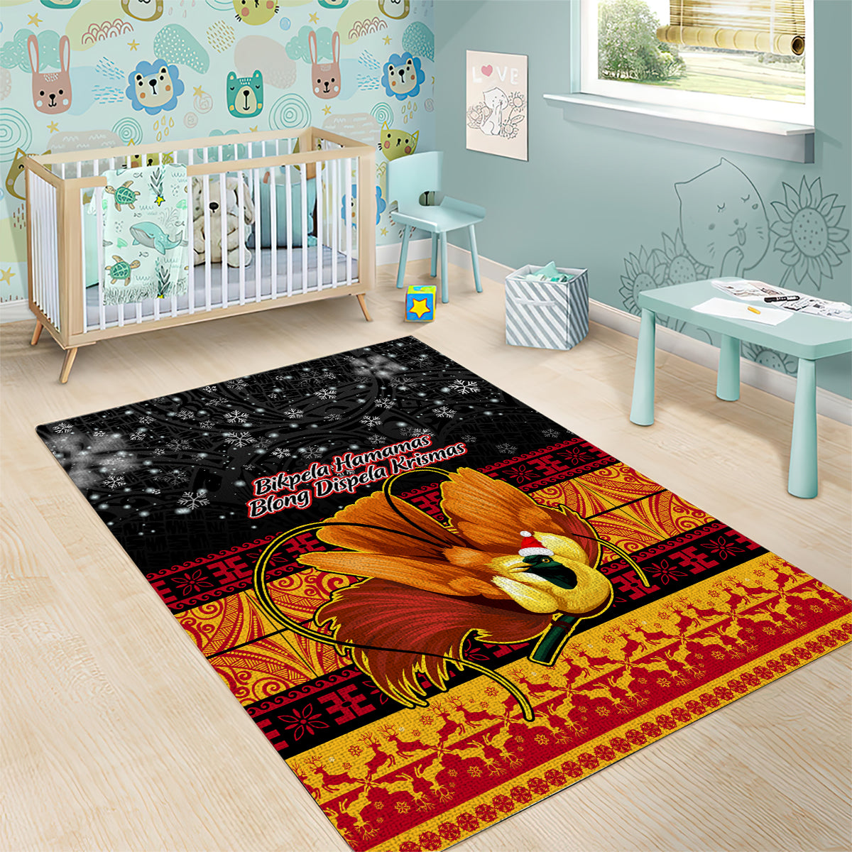 PNG Hamamas Krismas Area Rug Papua New Guinea Bird Of Paradise Merry Christmas Black Style LT9 - Polynesian Pride