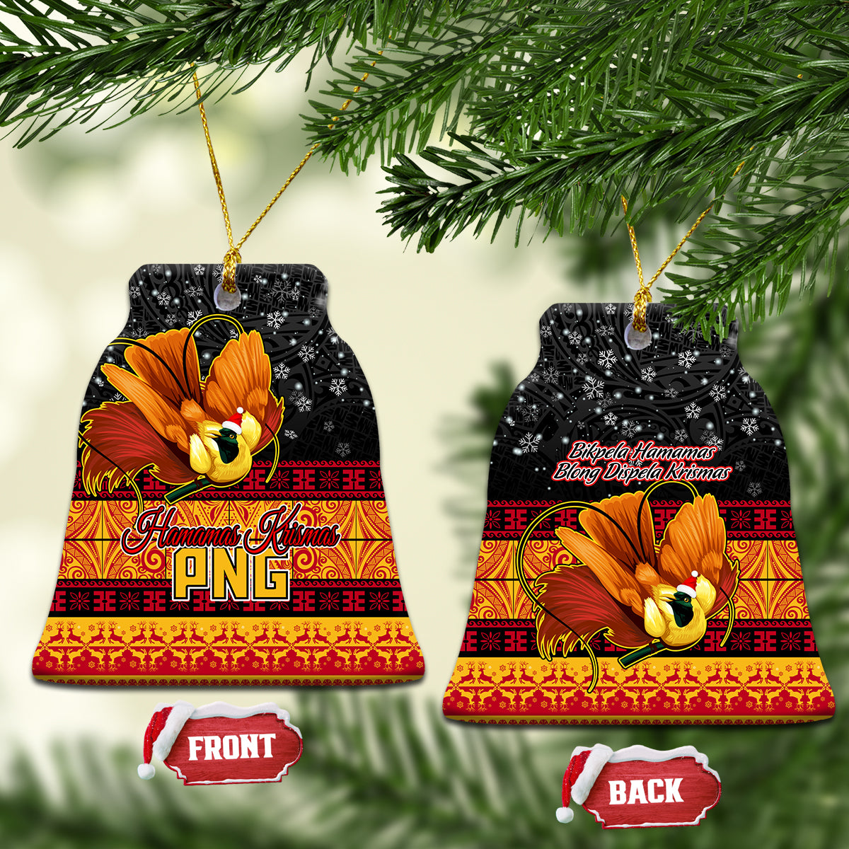PNG Hamamas Krismas Ceramic Ornament Papua New Guinea Bird Of Paradise Merry Christmas Black Style LT9 Bell Flake Black - Polynesian Pride