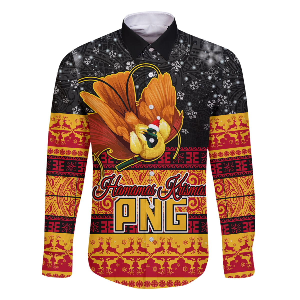 PNG Hamamas Krismas Family Matching Off Shoulder Long Sleeve Dress and Hawaiian Shirt Papua New Guinea Bird Of Paradise Merry Christmas Black Style LT9 Dad's Shirt - Long Sleeve Black - Polynesian Pride