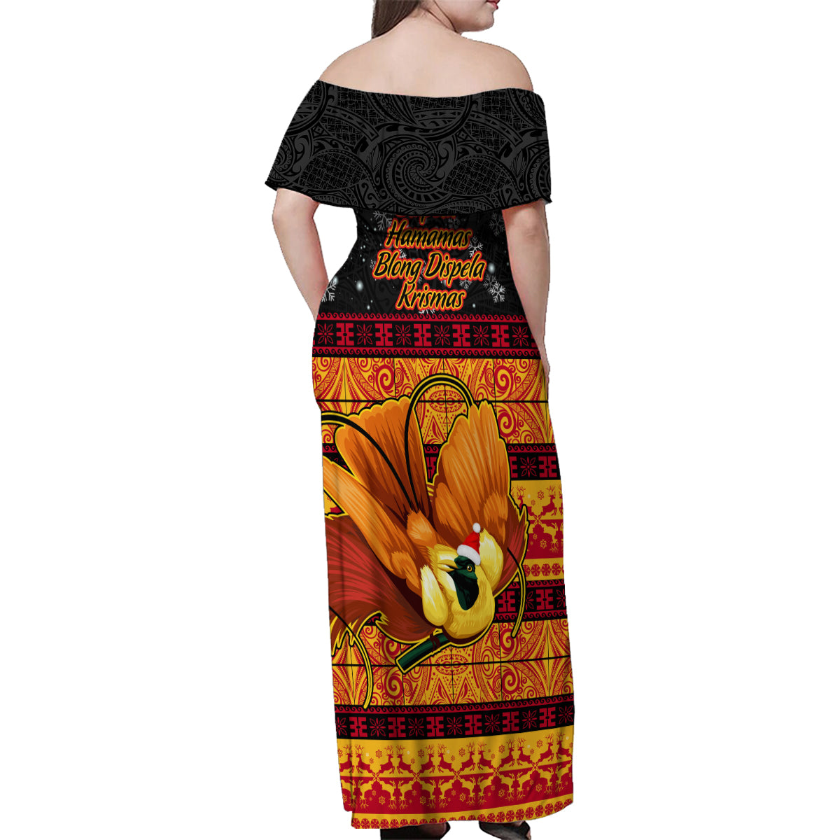 PNG Hamamas Krismas Family Matching Off Shoulder Maxi Dress and Hawaiian Shirt Papua New Guinea Bird Of Paradise Merry Christmas Black Style LT9 - Polynesian Pride