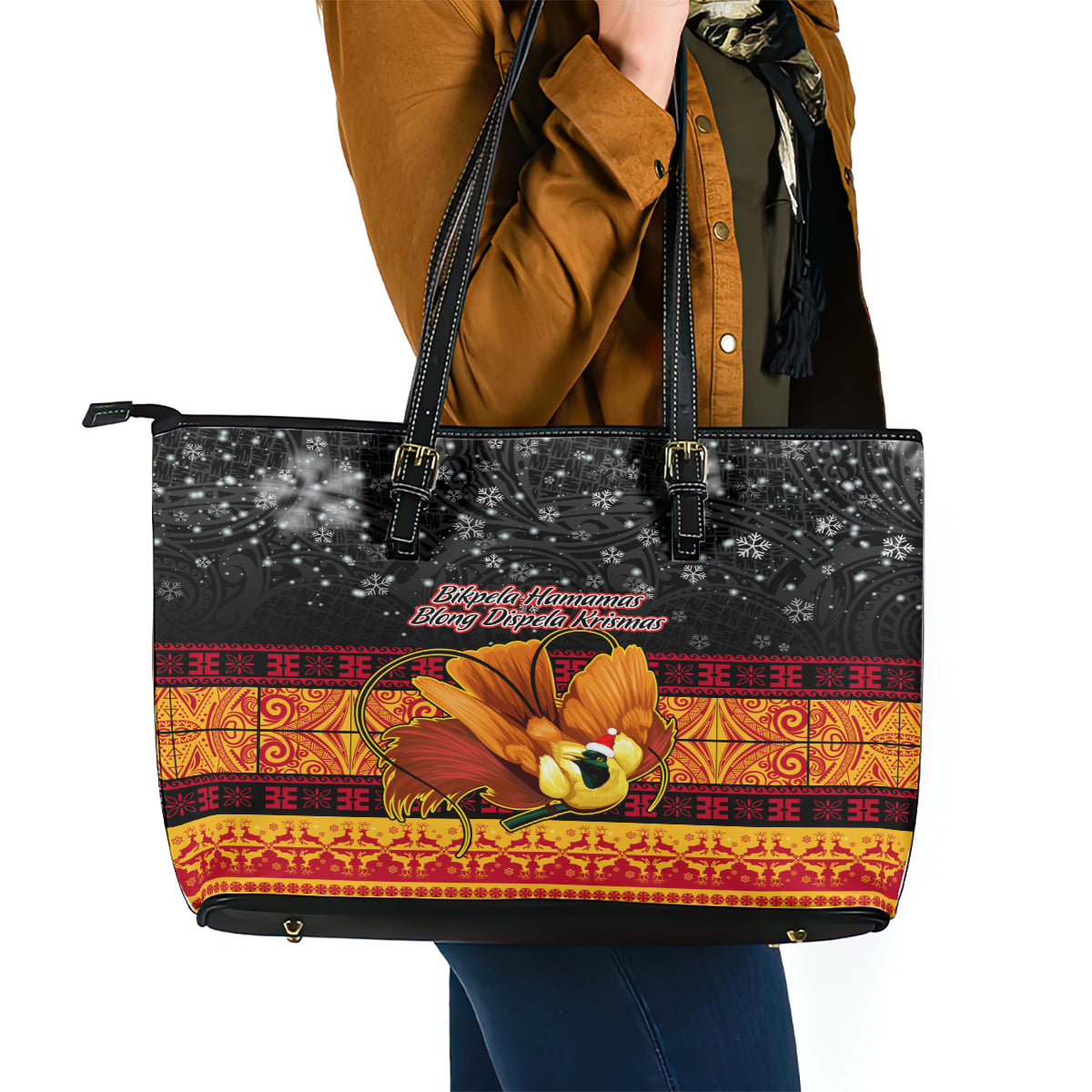 PNG Hamamas Krismas Leather Tote Bag Papua New Guinea Bird Of Paradise Merry Christmas Black Style LT9 - Polynesian Pride