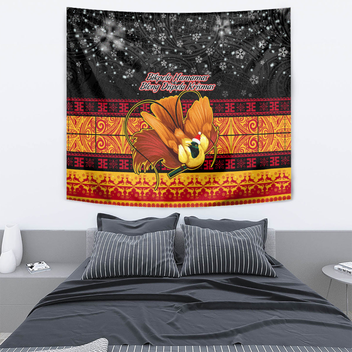 PNG Hamamas Krismas Tapestry Papua New Guinea Bird Of Paradise Merry Christmas Black Style LT9 - Polynesian Pride